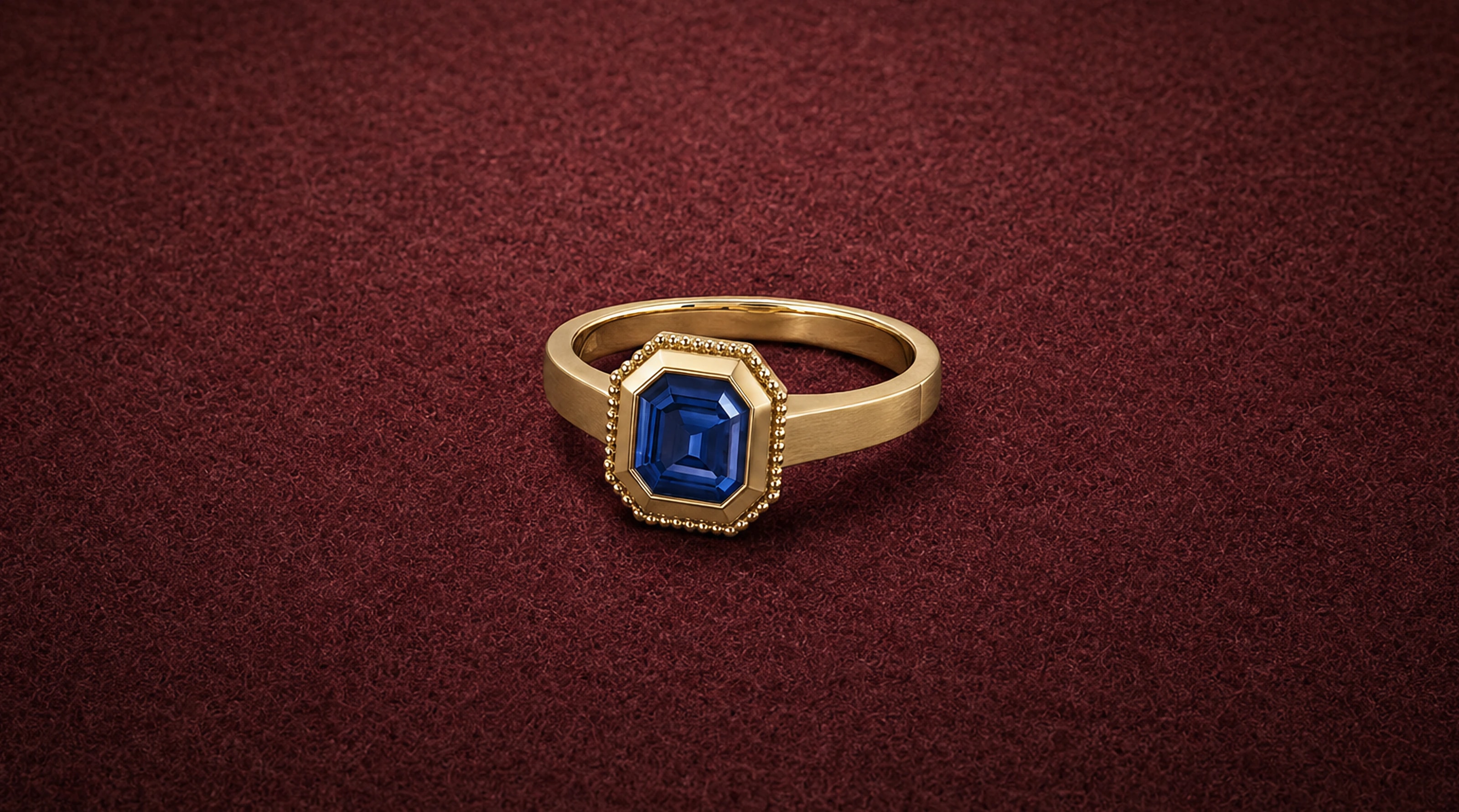 The Lune Sapphire Ring lying on garnet jeweler's felt