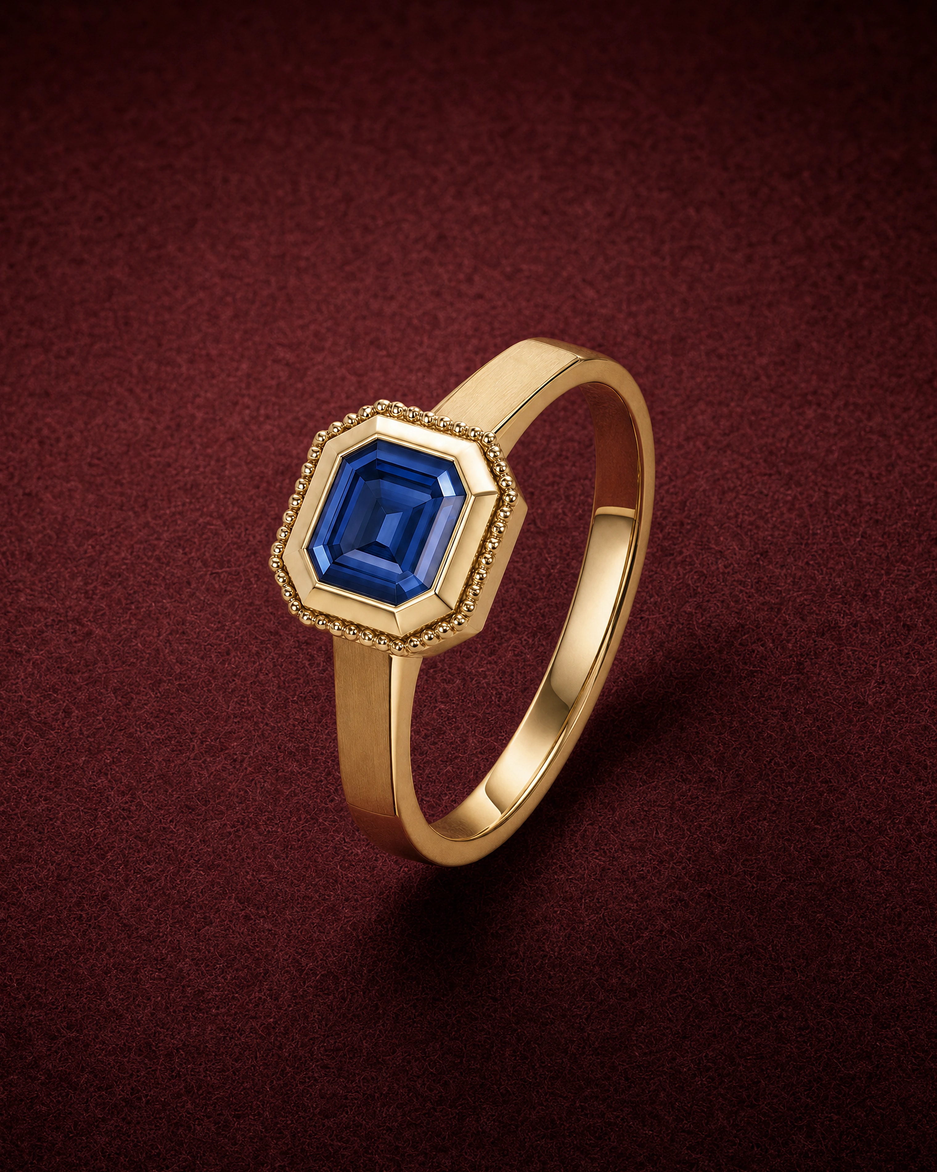 Lune Sapphire Ring with an octagonal blue sapphire in a granule-edged 18k gold bezel, on garnet jeweler's felt